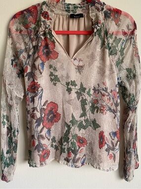 VICI 100% Silk Sheer Floral Blouse Small Ruffle V-Neck Boho Romantic
